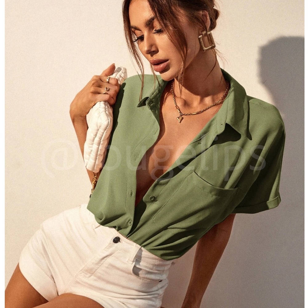 Green Casual Button Up / Down Shirt Collar, V-Neck Button Front